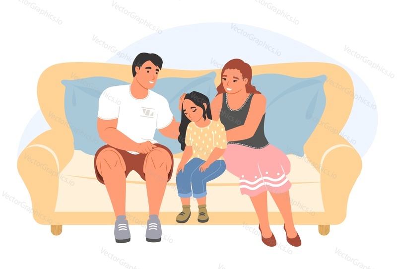 Father and mother comforting caring crying sad little girl daughter vector illustration. Parents supporting unhappy stressed child sitting on home sofa isolated on white background