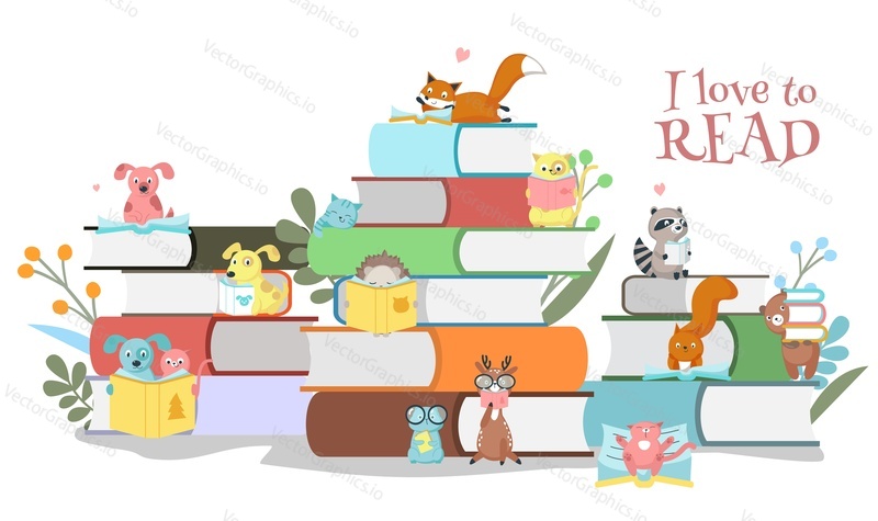 Love to read headline for book festival poster with cute smart tiny animals cartoon characters literature fans and textbook stack vector illustration. Bookshop promotion and bookstore advertising