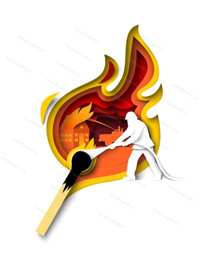 Firefighter extinguishing burning house with hose papercut style vector illustration isolated on white background. Dangerous situation caused hazardous destruction due to careless use of matches