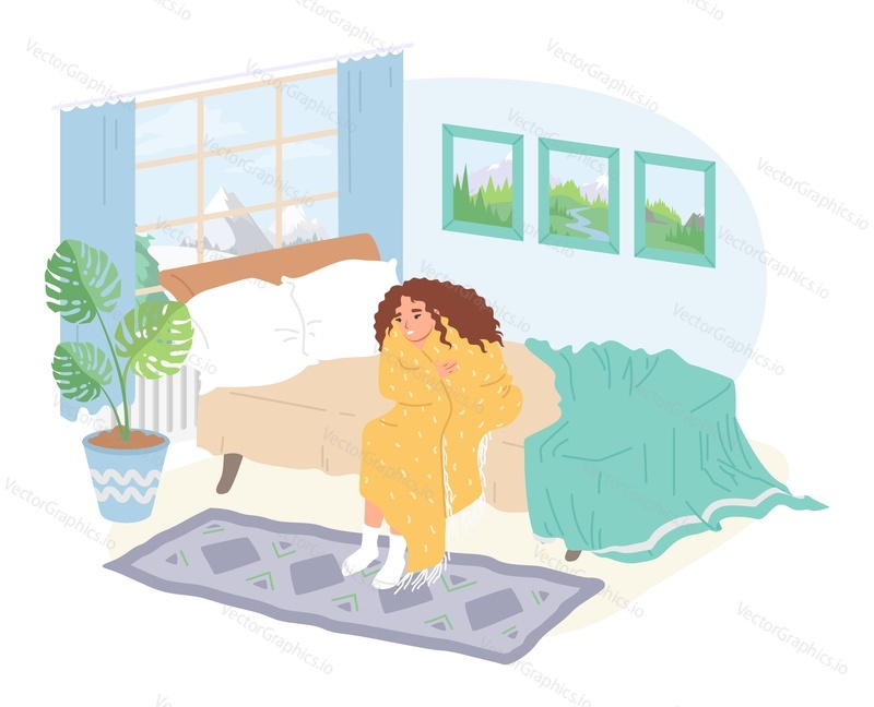 Женщина, страдающая от низкой температуры дома, сидит на кровати в спальне, дрожа всем телом под одеялом, клетчатая сцена векторная иллюстрация