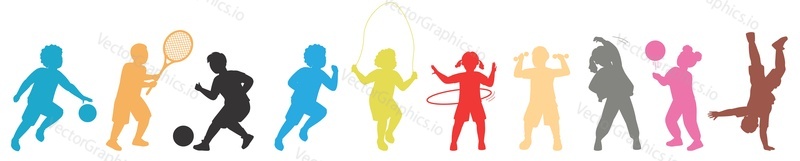 Happy sports children playing tennis, football, basketball games, doing physical exercise, skipping rope, spinning hula-hoop colorful silhouette isolated vector illustration set on white background