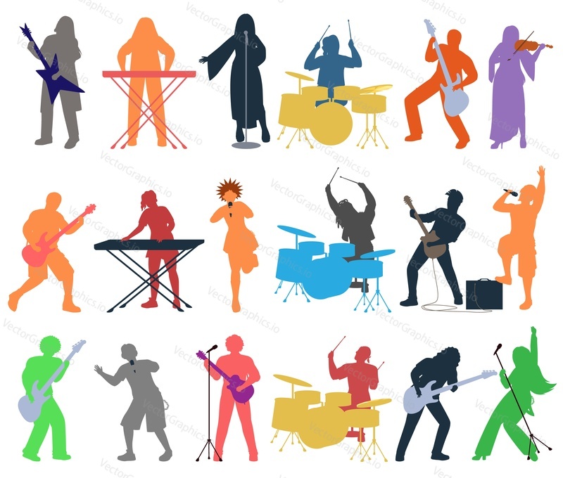 Punk or rock band people colored silhouette playing different musical instrument isolated set on white background. Young man and woman guitarist, singer, drummer, pianist vector illustration