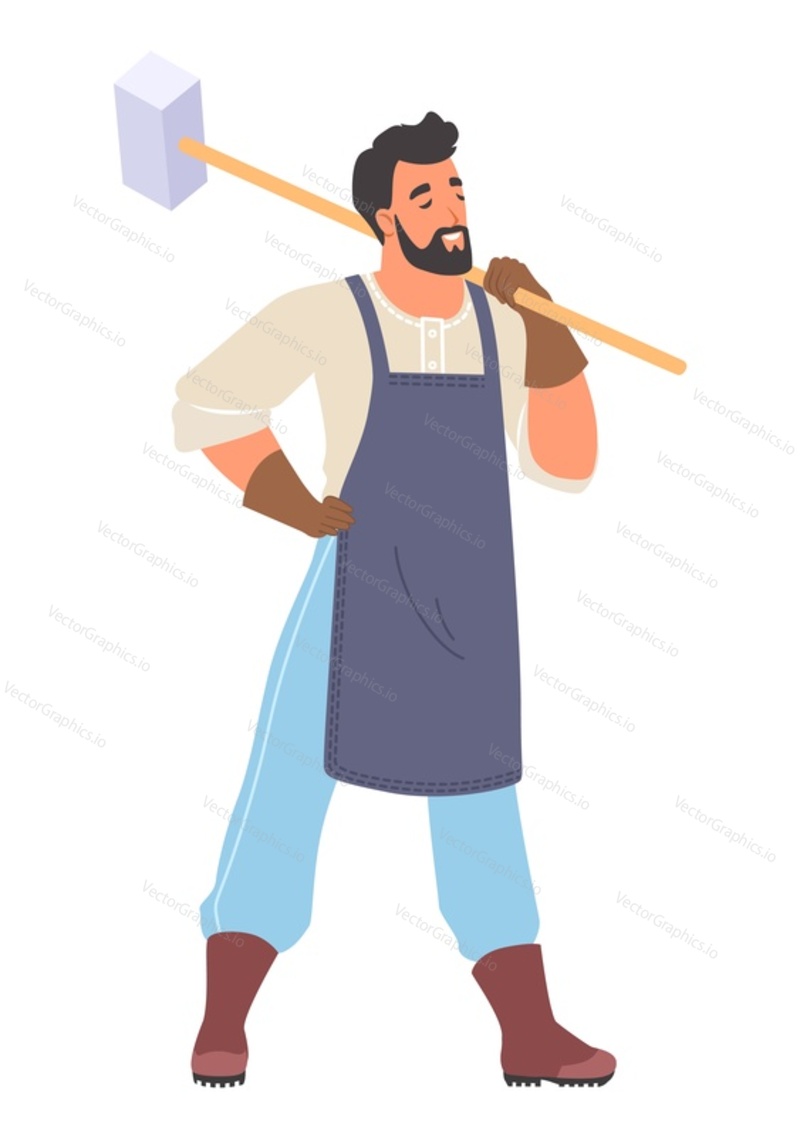 Blacksmith worker standing with huge sledgehammer isolated on white background. Male craftsman master character wearing apron vector illustration