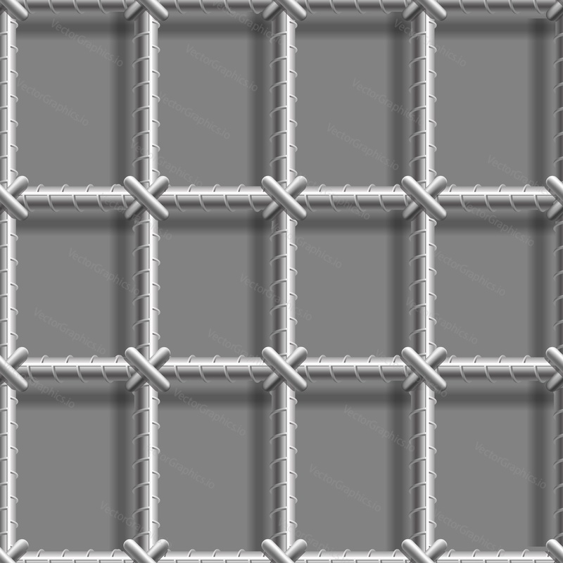 Metal grid, prison cage, steel grating mesh geometric shape vector illustration. Horizontal and vertical chrome jail bars seamless structure