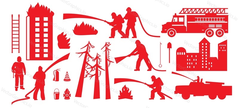 Firefighter in protective gear, fire engine, extinguishing supplies accessories and burning forest, house red silhouette set isolated on white background. Rescue profession occupation vector illustration
