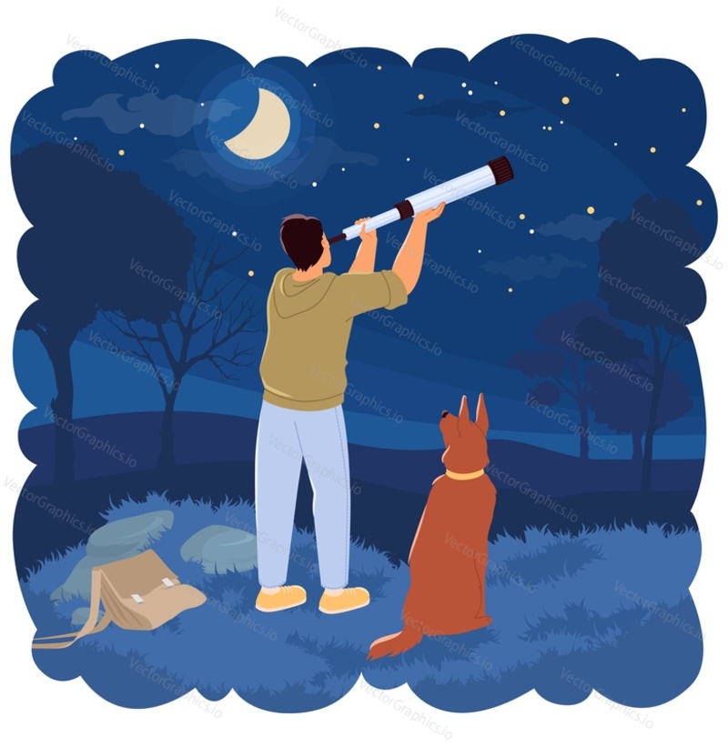 Young man looking through spyglass into starry sky spending time walking with dog in park vector illustration. Hobby entertainment on vacation