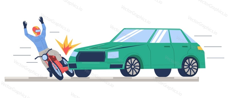 Motorcycle and car collision dangerous situation on city road vector illustration. Traffic rules violation and insurance concept
