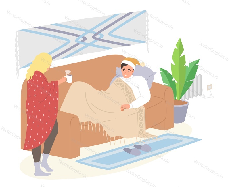Unhappy family couple suffering from cold at home scene. Loving wife bringing hot tea or coffee for sick husband wrapped in blanket lying on sofa in living room vector illustration