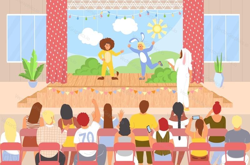 Children performing on theater stage scene. Vector illustration of cute kids wearing lion and bunny costume acting in play showing performance for parents