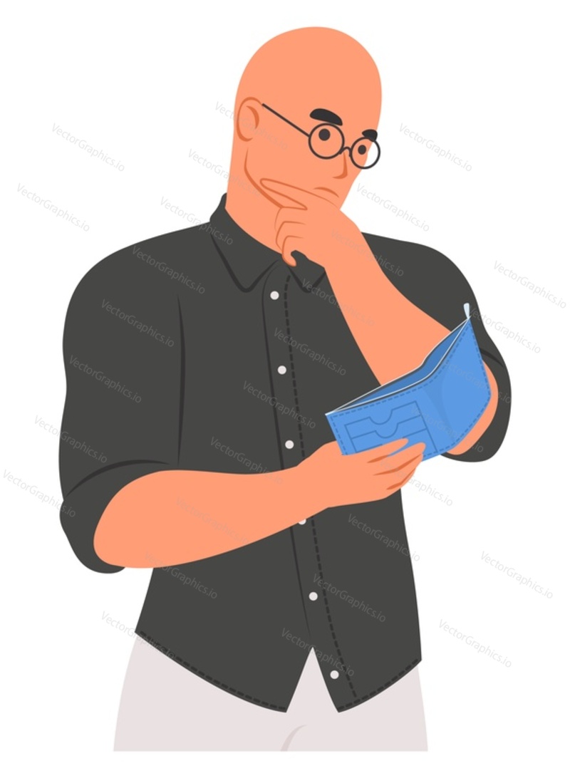Worried poor bald man looking in empty wallet portrait isolated on white background. Financial problems and crisis, unemployment, poverty and bankruptcy vector illustration