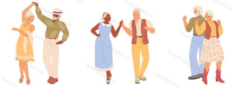Счастливая пожилая пара танцует вместе, изолированная на белом фоне. Векторная иллюстрация романтичных персонажей пожилых людей, движущихся в активном танце