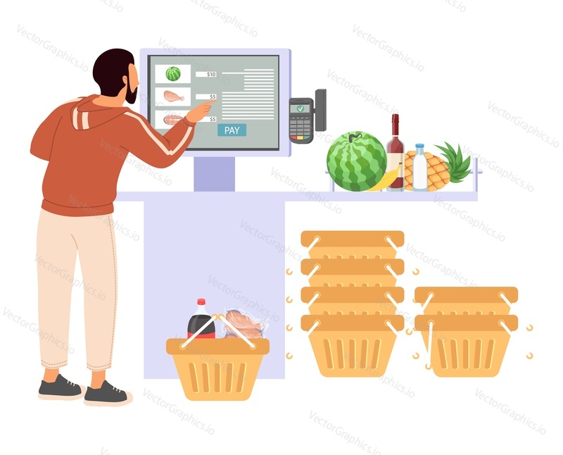 Человек, использующий бесконтактный магазин самообслуживания для хранения в киоске магазина векторная иллюстрация, выделенная на белом фоне. Интерактивная покупка продуктов через автоматический торговый автомат или терминал