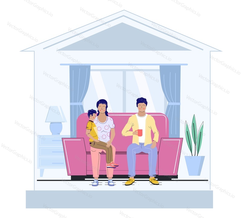 Happy family spending time together at home vector illustration. Cheerful father and mother with boy son child sitting on sofa