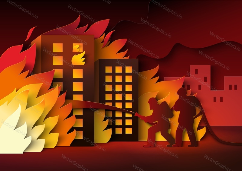 Пожарно-спасательная команда тушит горящую квартиру городского жилого дома при массовом пожаре векторная иллюстрация в стиле вырезки из бумаги. Опасная ситуация в городе