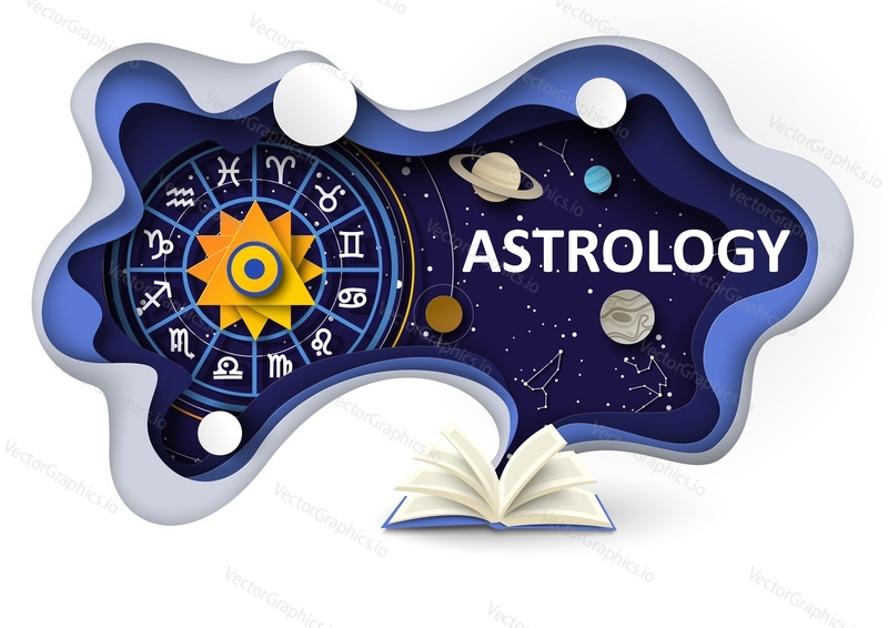 Astrology science banner with opened book and Zodiac signs and constellations over starry open space sky in paper-cut art style. Horoscope prediction vector illustration
