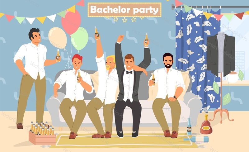 Bachelor party concept. Happy male friends and groom drinking alcoholic beverages, making merry and having good time at home together before marriage day vector illustration