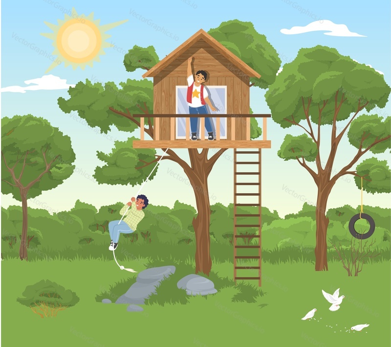 Children playing in house on tree at backyard garden vector illustration. Two little boy brothers or friends cartoon character fooling around having fun during outdoors adventures on summer vacation