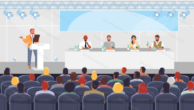 Man speaker performing on stage in hall front of audience on conference or seminar vector illustration. New product presentation, business lecture or science meeting event concept
