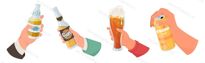 Human hands holding craft beer alcohol drink in pint mug, glass bottle and steel can isolated vector illustration set on white background. Bar pub party octoberfest celebration