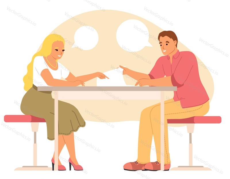 Pensive couple making decision, brainstorming and planning while sitting at table vector illustration. Male and female young family thinking and sharing ideas looking at blank paper sheet
