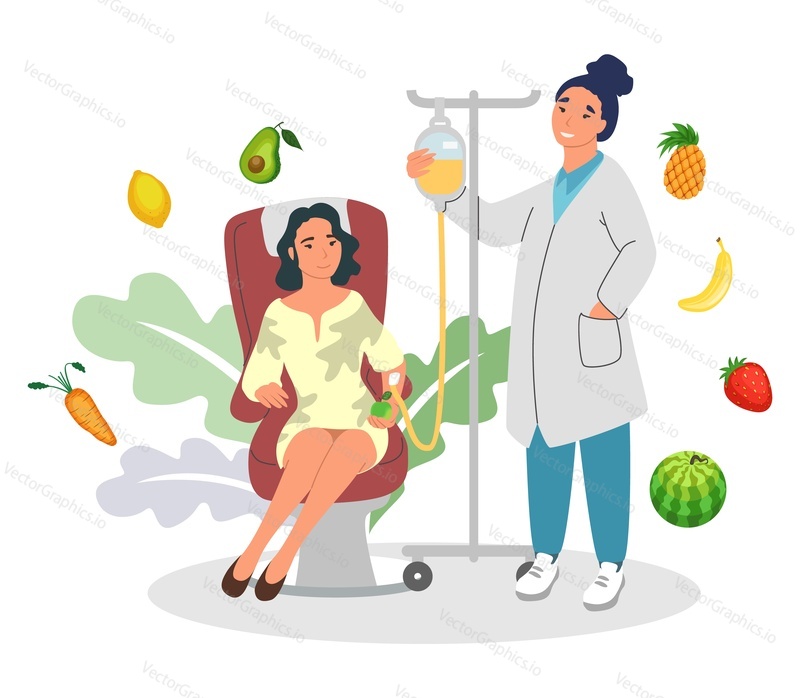 Woman applying intravenous infusion of natural fruits via dropper in clinic hospital scene. Vector illustration of young female patient at iv vitamin therapy for beauty and wellness