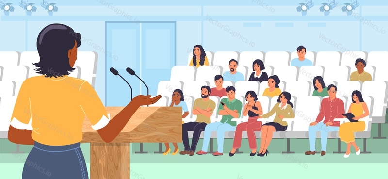 Conference vector illustration with woman speaker performing with speech presentation front of small people audience standing with her back