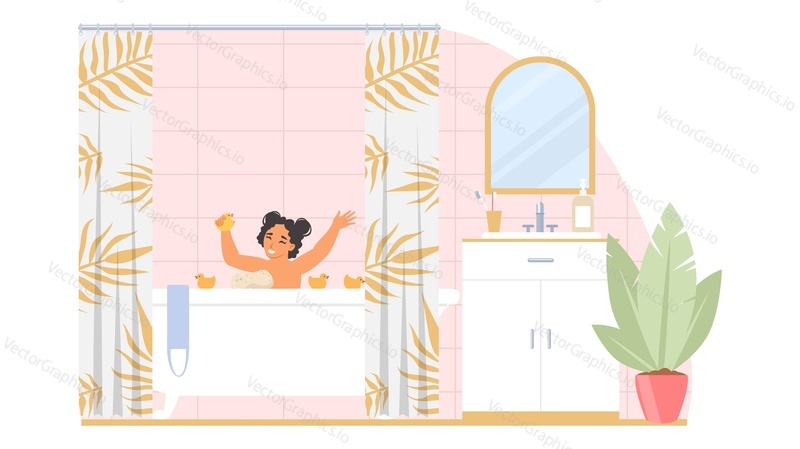 Little baby child preschool character playing and having fun while taking bath at home vector illustration