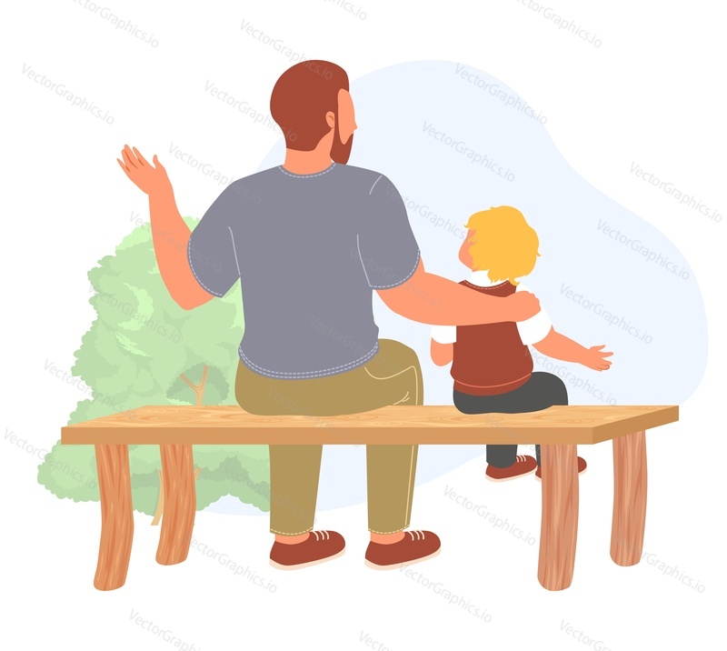 Daddy spending time with little boy son sitting on bench in park view from back. Happy parent and child vector illustration. Fathers day and nice conversation concept