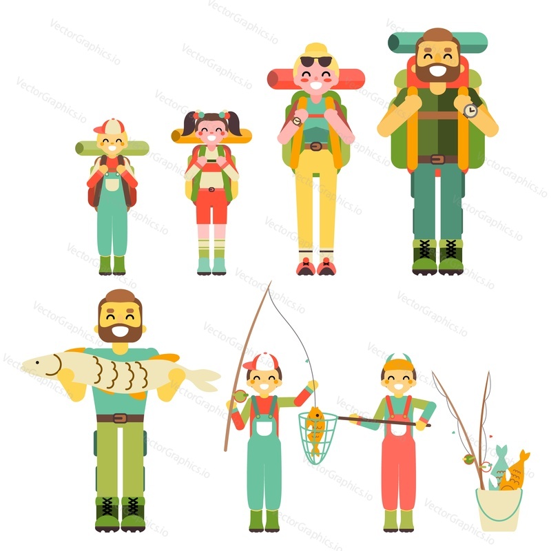 Family outdoor camp. Isolated set of happy people characters in trekking and hiking ammunition, catching fish on rod or net. Cheerful father, mother and kids on vacation