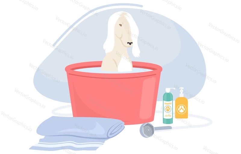 Cute dog taking bubble bath in bathtub cartoon vector illustration. Relaxing time for domestic pet animal scene