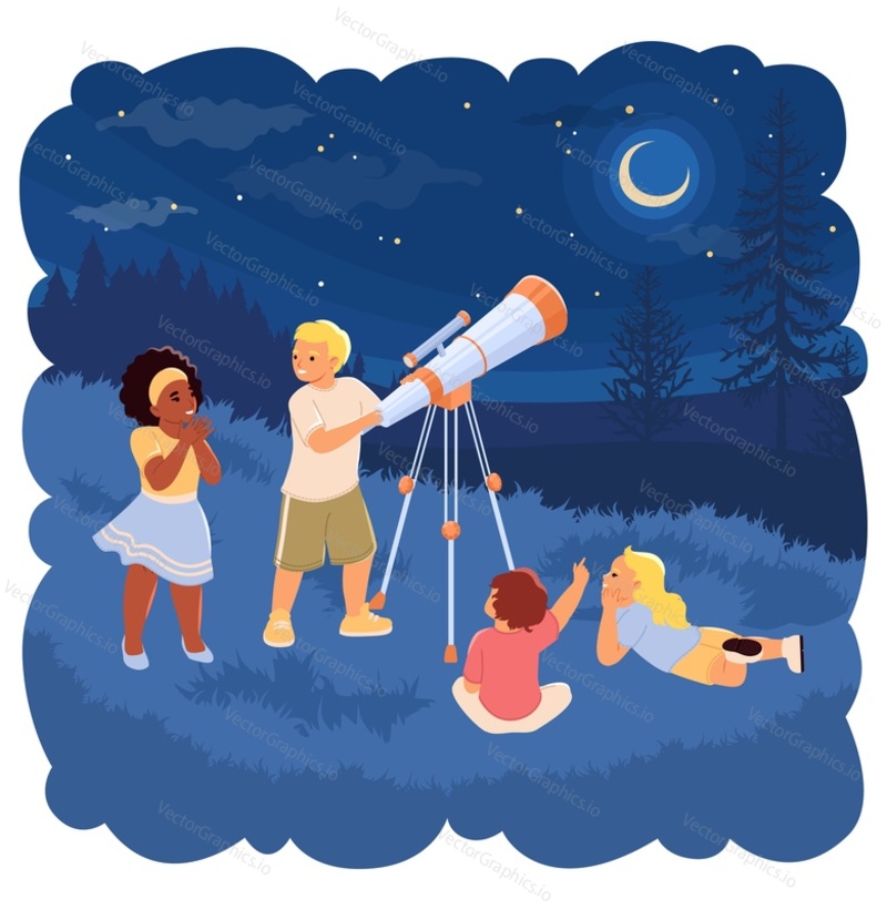 Little children looking through telescope into starry sky having fun time at night park vector illustration. Kids exploring outer space with planets and stars constellations