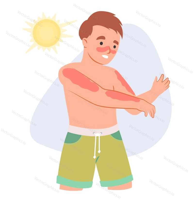 Unhappy man suffering from hand sunburn flat cartoon vector illustration. Man complain about burn on skin from sun. Hot summer day