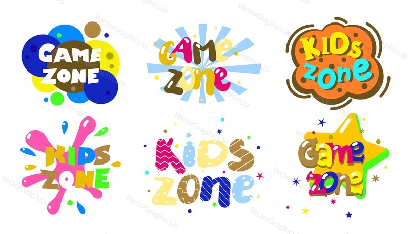 Kids game zone colorful inscription for playroom decoration. Poster, logo, banner style for child entertainment advertisement. Fun party emblem for school or kindergarten classroom