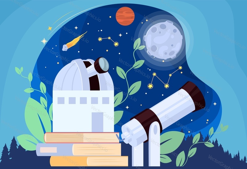 Astronomy science poster background with book, telescope education stuff, observatory for cosmos outer space studying over starry night sky planet, comet, meteor and star constellation