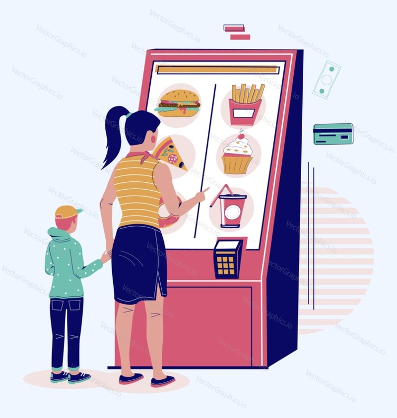 Mother and little son child ordering food and drink using interactive food pos terminal machine cartoon vector illustration. Modern technology, electronic kiosk selling fastfood
