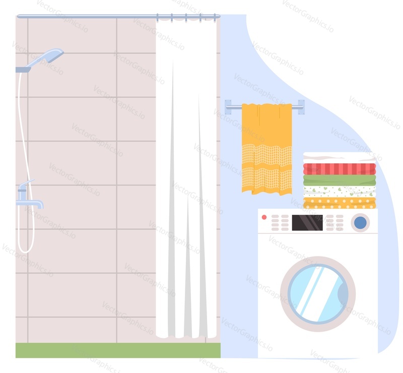 Современный домашний дизайн интерьера ванной комнаты с душем и стиральной машиной, чистым бельем и полотенцем, повешенным на крючок векторная иллюстрация