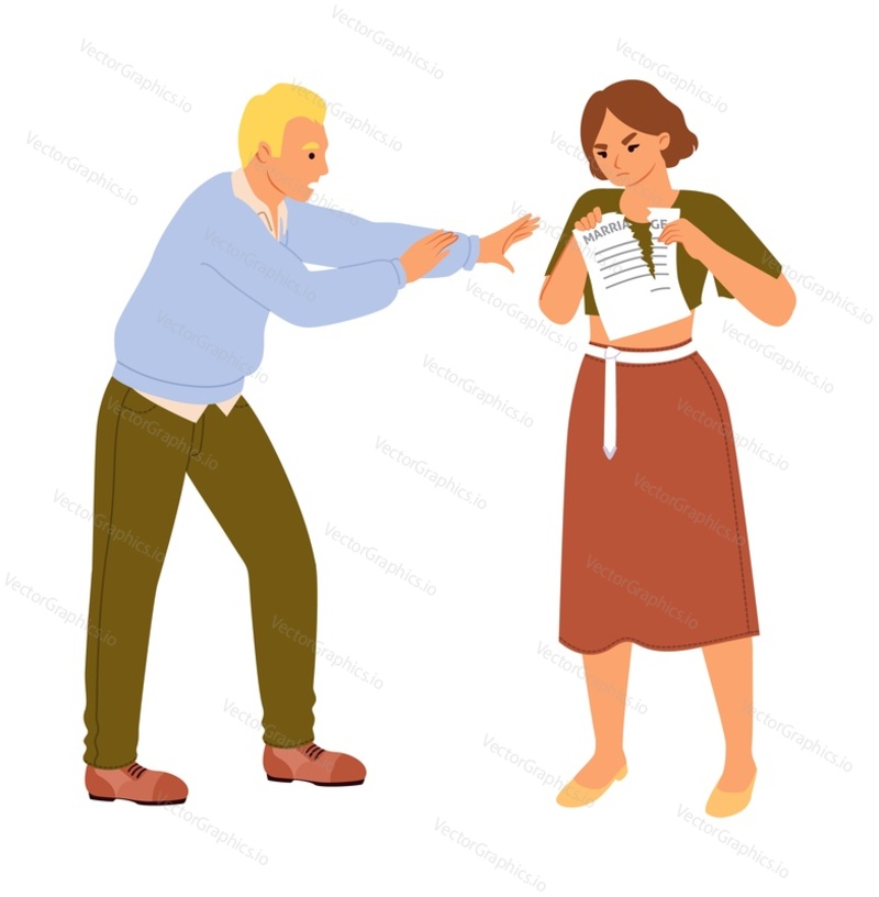 Family divorce and quarreled spouses vector illustration isolated on white background. Angry wife tearing paper marriage contract and frustrated husband trying to stop woman