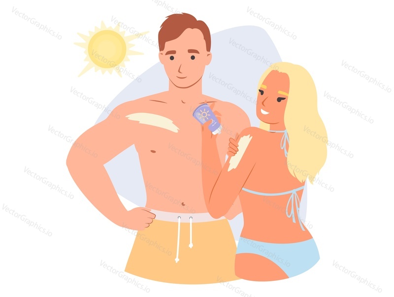 Man and woman using sunscreen to sunbathe flat cartoon vector illustration. Young family couple applying lotion with SPF against UV. Vacation time on beach resort