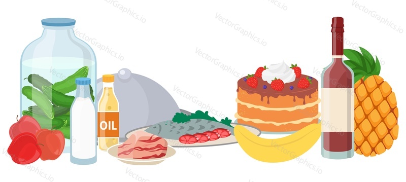 Векторная иллюстрация различных блюд и напитков на завтрак, обед и ужин. Свежие спелые овощи и фрукты, нарезанная рыба, колбаса и бекон, торт, бутылка молока, масла и вина, продукты для приготовления пищи
