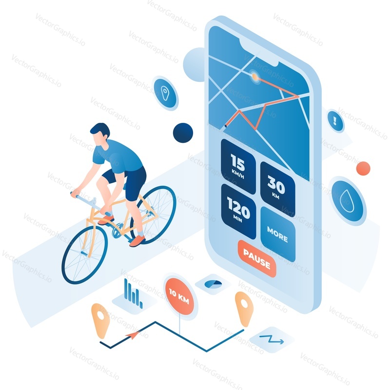 Mobile phone application for monitoring health indicator during training workout occupation. Sports man riding bicycle doing cardio exercise and smartphone fitness tracker app vector illustration