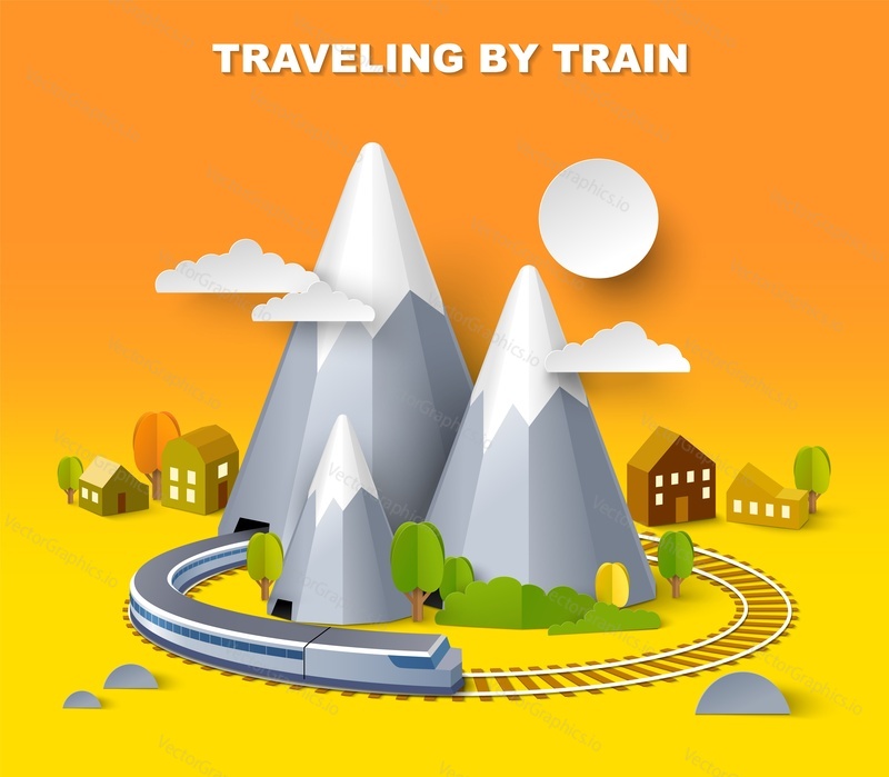 Comfortable traveling by train isometric vector poster with mountain vector illustration design. Tourist excursion, rail business trip, railway adventure across mount ridge