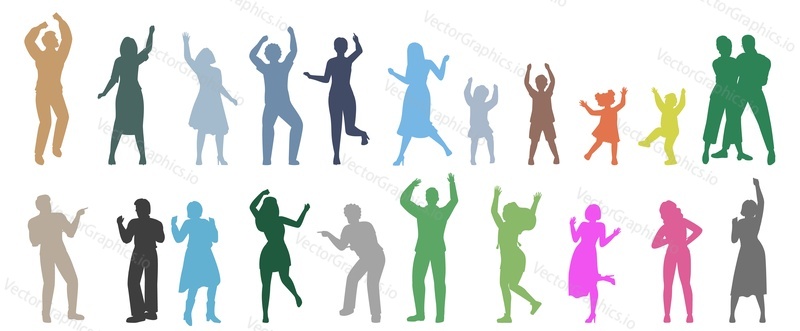 People characters dancing alone colorful silhouette isolated set. Man, woman, children of different age having fun, moving to music, partying and clubbing vector illustration