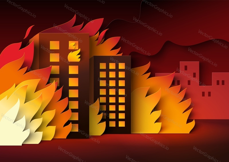 City on fire apocalyptic landscape with destroyed building burning in flame after earthquake nature disaster, bomb explosion attack or war catastrophe vector illustration
