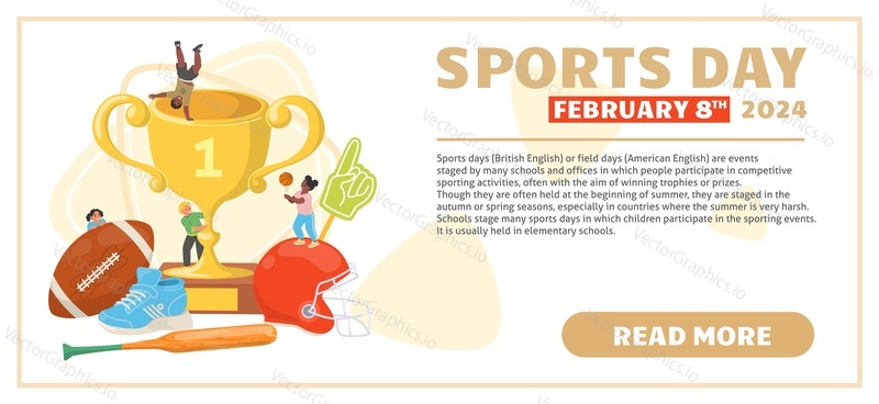 Sports day landing page design template with happy children character, golden goblet trophy cup, american football ball and gears, baseball bat for game. Website invitation and greeting banner