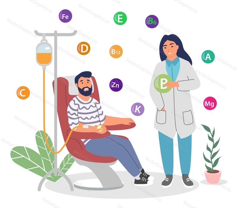 Doctor giving male patient vitamin intravenous infusion drip for wellness and healthcare vector illustration. Man getting natural nutrients and mineral via dropper cartoon scene
