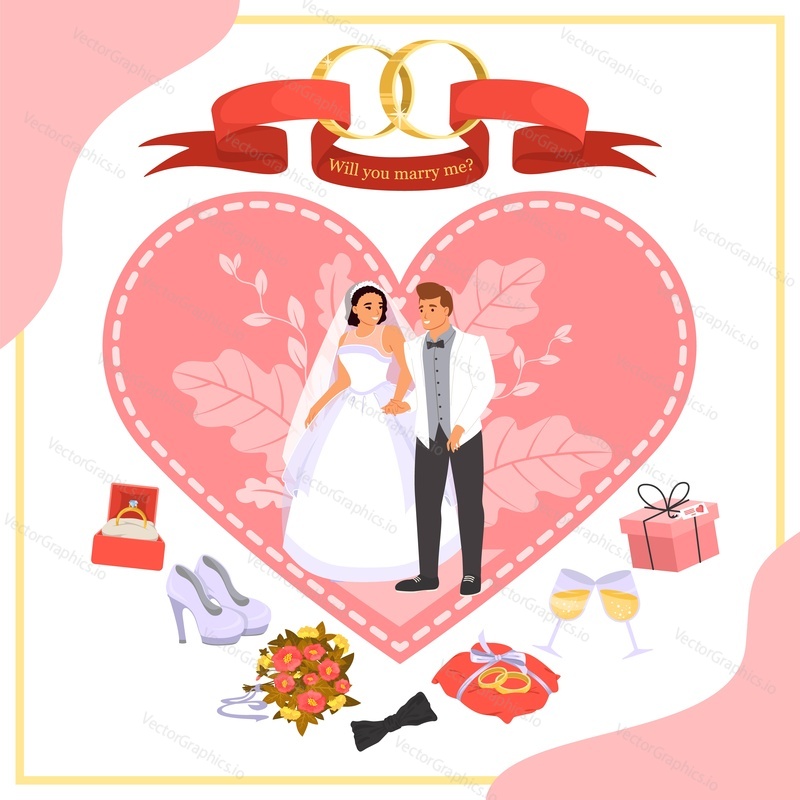 Elegant with card with proposal text will you marry me design. Wedding rings, traditional festive decor and romantic party accessories, bride and groom wearing elegant clothing vector illustration
