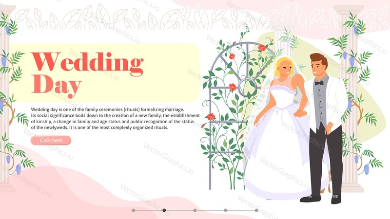 Landing page design template with wedding day headline for bridal online service. Happy newlyweds in elegant traditional dress and suit standing under marriage arch. Ceremony organization for couples