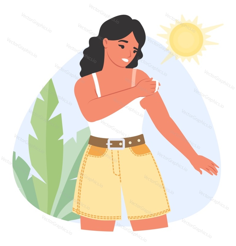 Векторная молодая женщина с проблемой солнечных ожогов, стоящая под солнцем на иллюстрации из мультфильма. Девушка наносит защитный крем для лечения поврежденной кожи