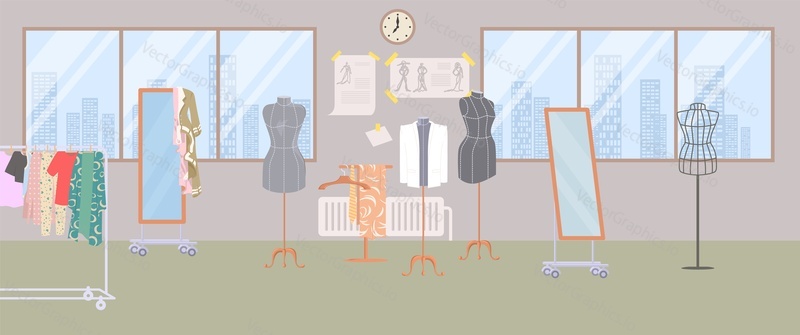 Tailor room, seamstress workplace, fashion designer atelier design studio interior with sewing equipment and dummy mannequins vector illustration