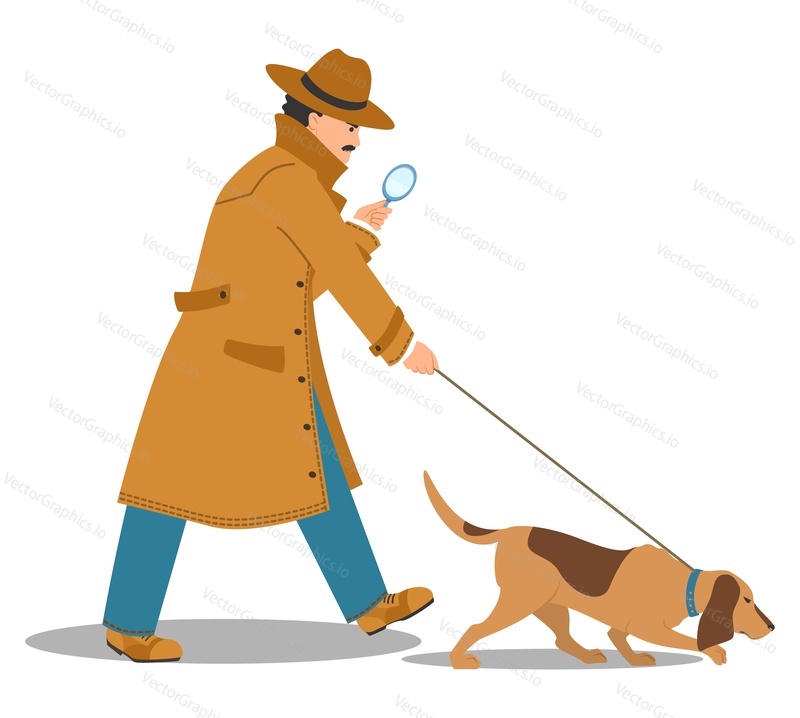 Детектив в пальто и шляпе, держащий увеличительное стекло, следует по следу с векторной иллюстрацией собаки, выделенной на белом фоне. Концепция расследования преступления